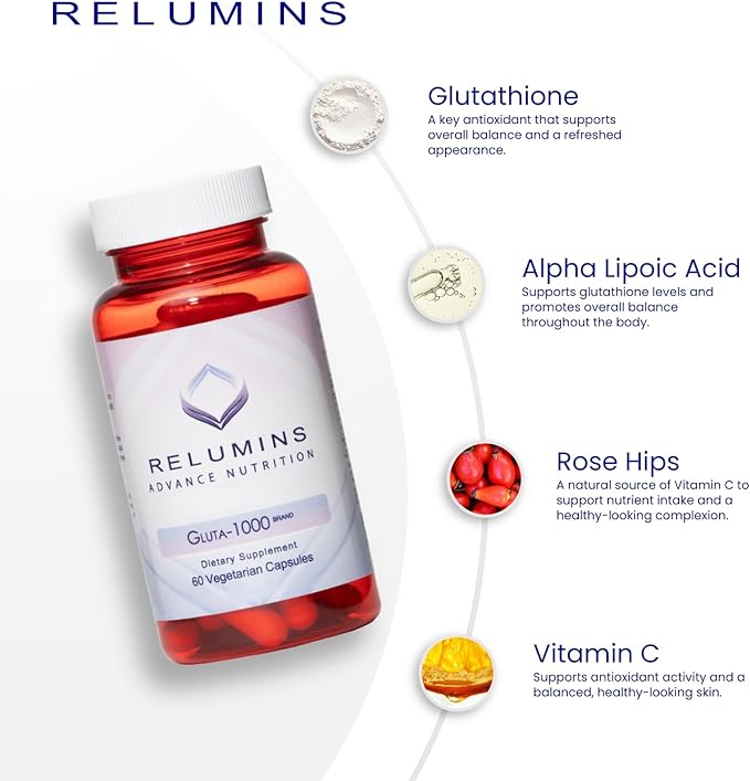 Relumins L Glutathione Supplement Complex - Reduced Glutathione 1000mg with Alpha Lipoic Acid & Rose HIPS Capsules for Nourished & Smoother Skin, Made in USA - 60 Caps