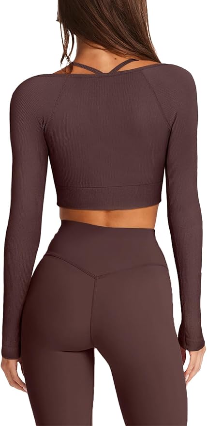 LASLULU Womens Sexy Square Neck Crop Top Ribbed Seamless Long Sleeve Workout Tops Halter Neck Athletic Yoga