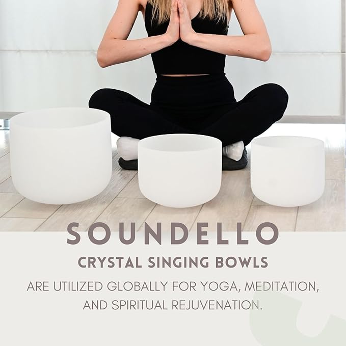 7-11inch 432hz Quartz Crystal Singing Bowls Set of 3 White, for Healing Mindfulness Meditation Yoga Sound Baths with Case Mallet Suede Striker