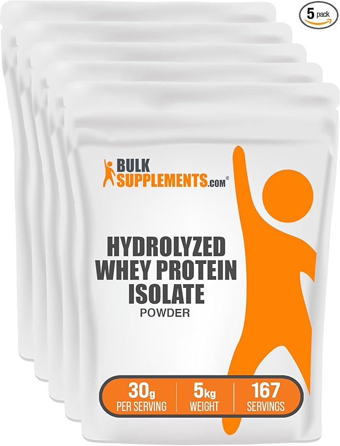 BulkSupplements.com Hydrolyzed Whey Protein Isolate Powder - Clear Whey Isolate Protein - Unflavored & Gluten Free, 30g per Serving, 1kg (Pack of 5) (11 lbs)
