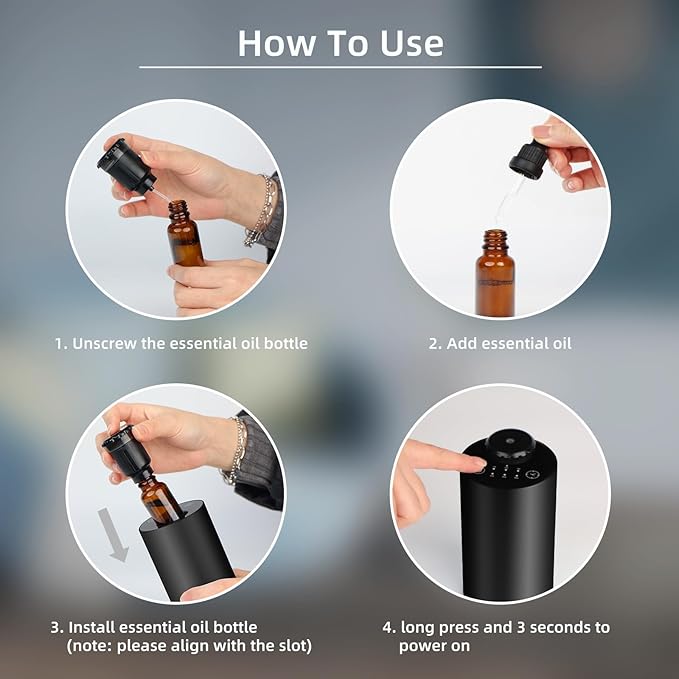 Waterless Essential Oil Diffuser for Home Battery Operated Cordless Scent Diffuser with Timing & 3 Mist Levels car Diffuser,Black Aluminum Alloy