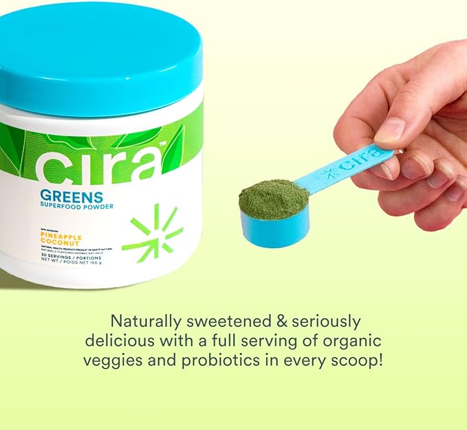 Cira Daily Greens - Naturally Sweetened, Organic Spirulina Superfood Powder with Premium, Antioxidant-Rich Ingredients for Debloating, Digestion, & Energy - Mango, 30 Servings