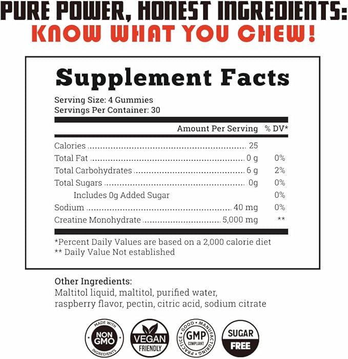 Old School Labs 5000mg Creatine Monohydrate Gummies, Optimized for Men and Women, Supports Lean Muscles & Recovery, Energy & Stamina - Real Creatine and Third Party Tested, 30 Servings, 120 Ct