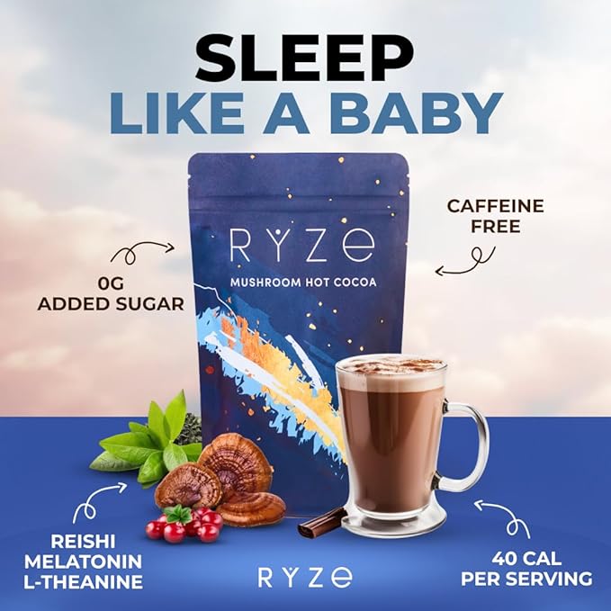 RYZE SUPERFOODS Mushroom Hot Cocoa Melatonin Sleep Supplement, Keto Cocoa Powder with Reishi Mushroom, Melatonin, Glycine, Cacao, L-Theanine, Chicory to Help Fall Asleep and Stay Asleep, 20 Servings