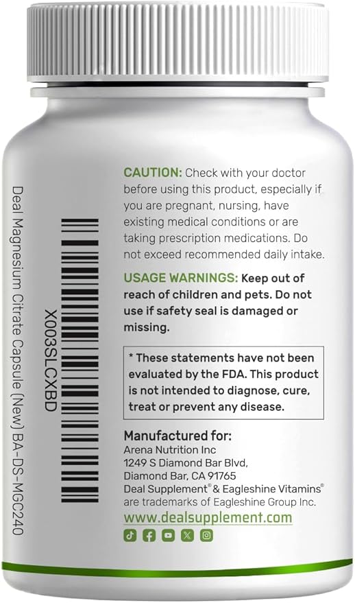 DEAL SUPPLEMENT Magnesium Citrate 500mg, 240 Capsules | Easily Absorbed, Purified Trace Mineral – Muscle, Heart, & Digestive Support – One a Day, Non-GMO