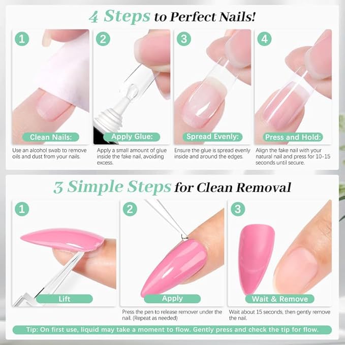 Nail Glue for Press Ons 10g & 5ml 2 in 1 Remover Pen Set, Quick Drying Semi Solid Glue on Nails No Lamp Needed Long Lasting 28+ Days, Gentle Removal Fake Acrylic Nail Tips Not for Gel Polish Base Coat
