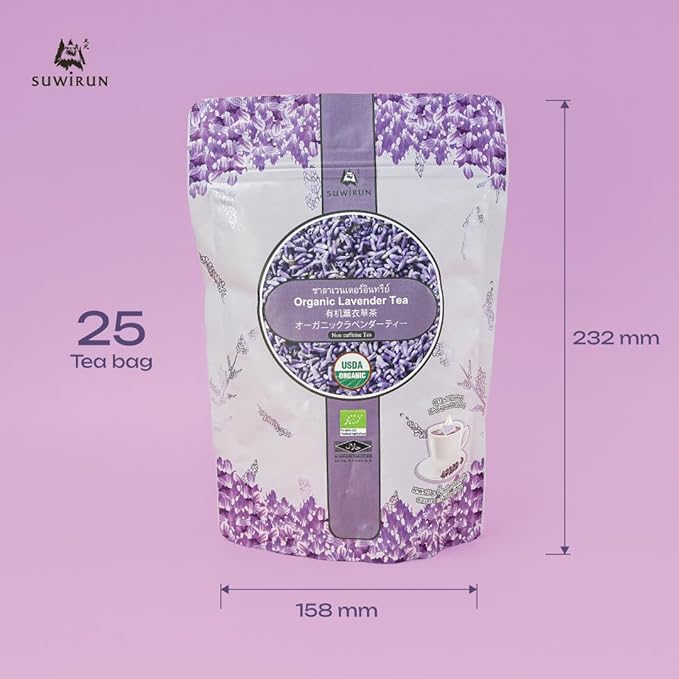 Suwirun Organic Lavender Tea 25 Bags โ 100% Lavender Flowers โ Aromatic & Calming, Caffeine-Free โ Supports Stress Relief, Relaxation & Better Sleep