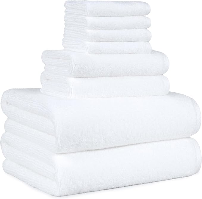 Amazon Basics 100% Cotton Soft Quick-Dry Bath Towel Set, 8-Piece, White, 10" x 7"