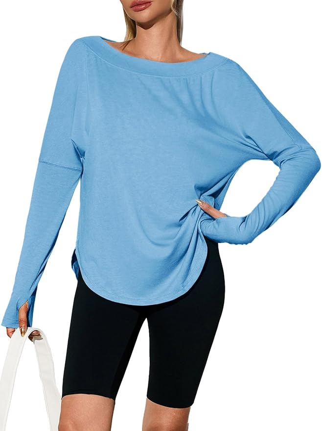 Tankaneo Womens Open Back Workout Shirts Casual Long Sleeve Boat Neck Tops Athletic Gym Yoga Tees with Thumb Holes