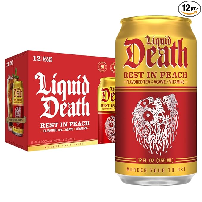 Liquid Death, Rest in Peach Iced Tea, 12-Pack (12 oz Cans), Peach Flavored Black Tea, Low Calorie, No Artificial Sweeteners, B12 & B6 Vitamins