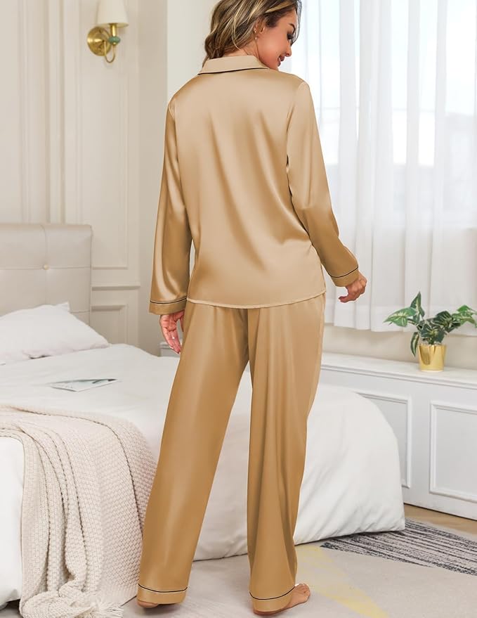 Veseacky Womens Satin Pajama Set Silk Pjs Button Down Long Sleeve Sleepwear Loungewear Sleepwear 2 Piece Pjs Set S-XXL