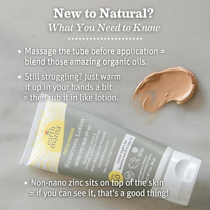 Earth Mama Tinted Mineral Sunscreen Lotion SPF 40, Contains Organic Argan and Red Raspberry Seed Oil, 3-Ounces