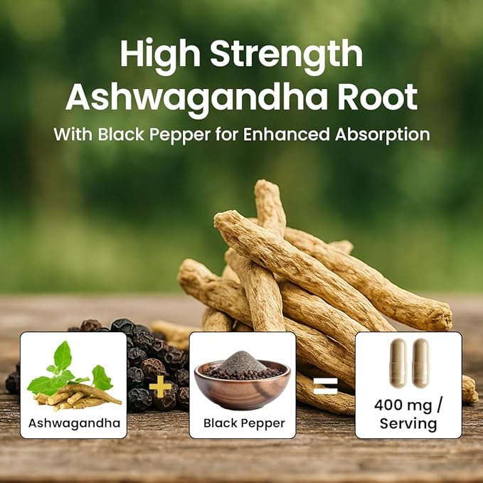 NooMost Organic Ashwagandha Capsules w/Black Pepper Extract as Vegan Ashwagandha Supplements for Anti Stress Relief, Natural Mood Support, Energy & Focus-60 Capsules