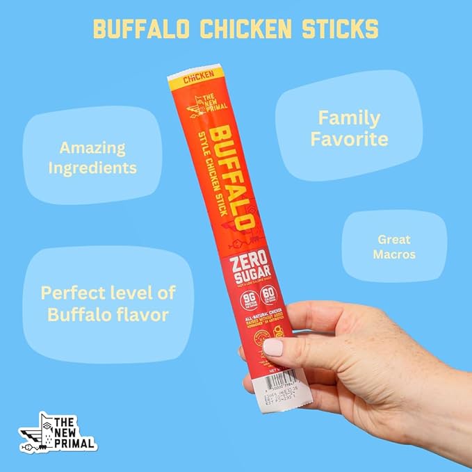 New Primal Buffalo Chicken Sticks, Keto, Gluten Free Healthy Snacks, Sugar Free Low Carb High Protein, Jerky Meat Stick, 9g Protein, 80 Pack