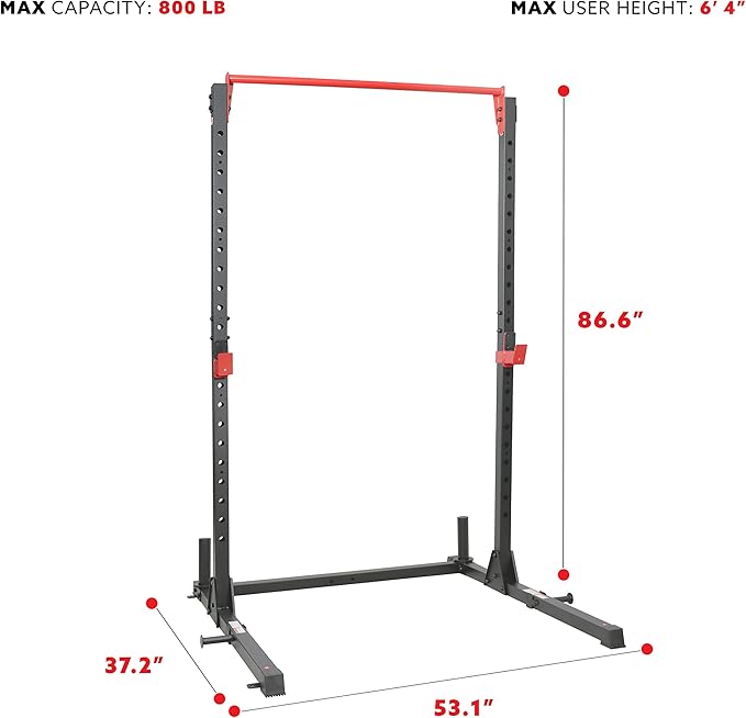 Sunny Health & Fitness Power Cage and Squat Rack In High Weight Capacity with J-Hooks, Adjustable Pull Up Bar, Weight Plate Holders, Resistance Band Posts