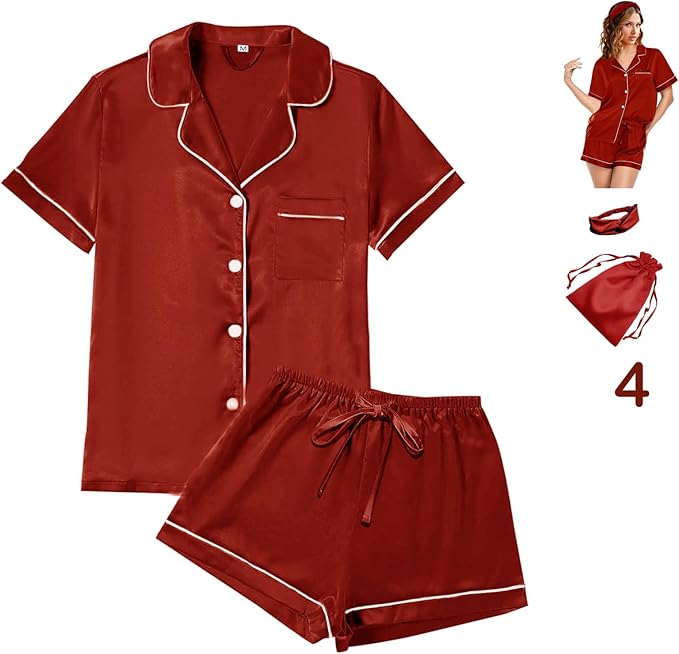 4Pcs Womens Satin Silky Pajama Sets Short Sleeve Shirt XS-4XL Floral Pajamas Set Soft PJ Loungewear Sleepwear
