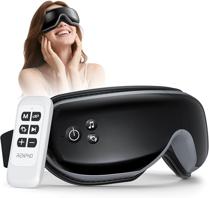 RENPHO Eye Massager, Birthday Gifts for Women Men Her Him, Eyeris1 Eye Massager with Heat & Remote, Compression, Sleep Mask for Relax, Migraine Relief, Reduce Strain, Improve Sleep