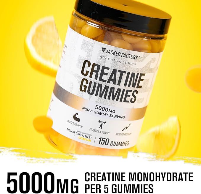 Jacked Factory Creatine Monohydrate Gummies 5g Daily Dose (1g per Gummy) - Creatine Gummy for Men and Women, Vegan-Friendly, Travel-Friendly, Third-Party Tested - 150 Gummies, Lemon
