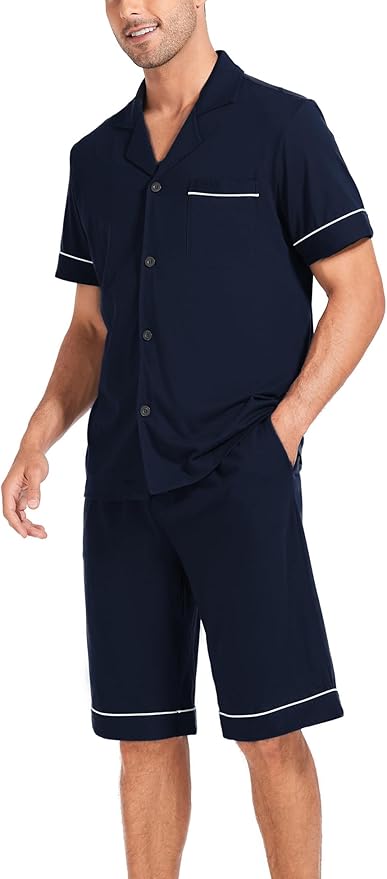 COLORFULLEAF Men's 100% Cotton Short Sleeve Pajama Sets Button Down Notched Collar Sleepwear Soft Lounge Pjs with Pockets