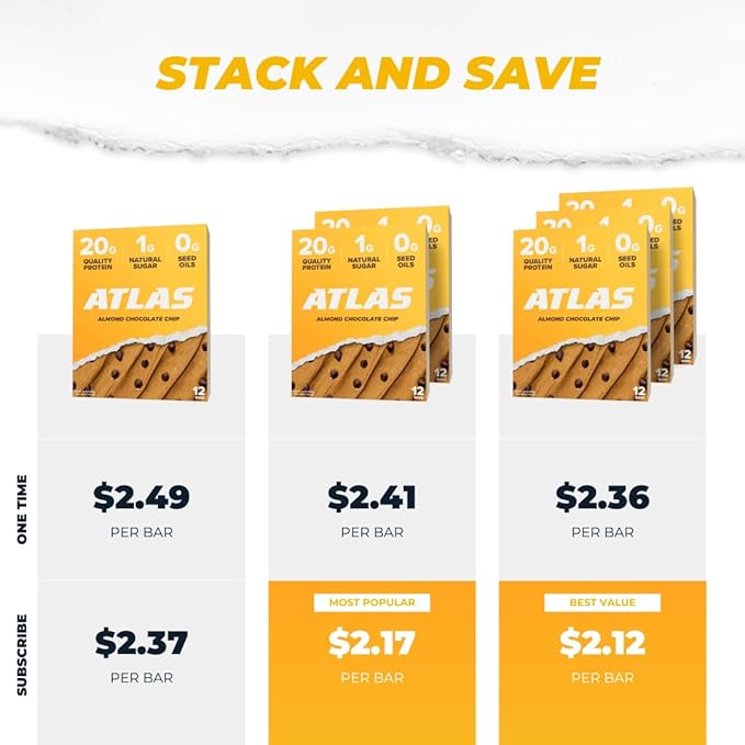 Atlas Protein Bar – 20g Clean Protein, 1g Natural Sugar, No Seed Oils, Gluten Free, No Artificial Sweeteners - Almond Chocolate Chip 24 Count