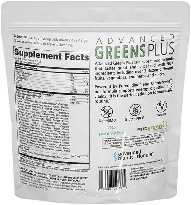 Advanced Bionutritionals Advanced Greens Plus Powdered Superfood Formula 50 Fruits, Vegetables, Herbs, and Superfoods - Vegan, Vegetarian - 9.84 OZ - 279 g