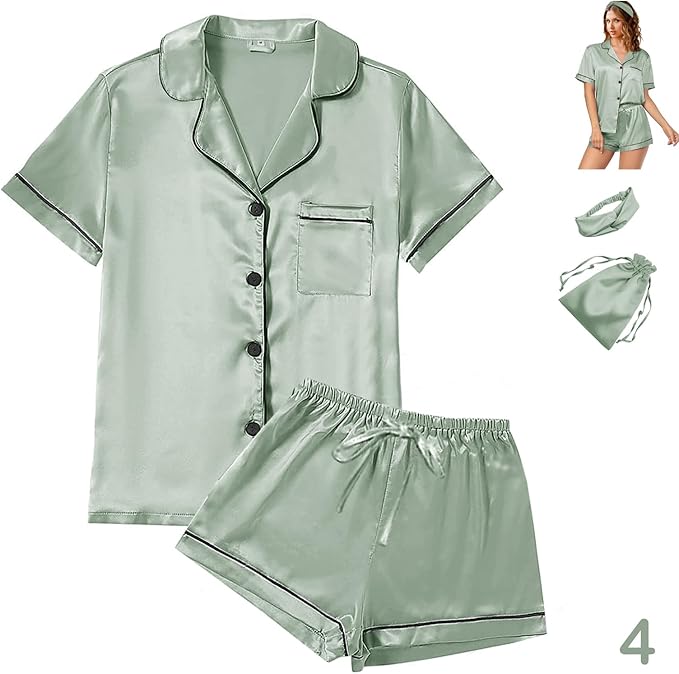 4Pcs Womens Satin Silky Pajama Sets Short Sleeve Shirt XS-4XL Floral Pajamas Set Soft PJ Loungewear Sleepwear