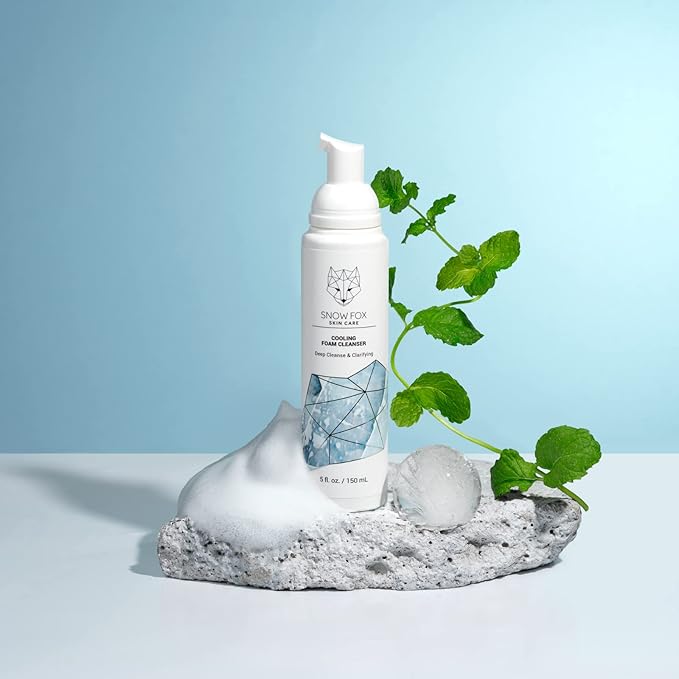 Snow Fox Skin Care Cooling Foam Cleanser - SLS- Free Face Wash with Organic Aloe Vera & Peppermint Water - Gentle< Non _ Drying Formula for Oily, Combination & Sensitive Skin - 5oZ