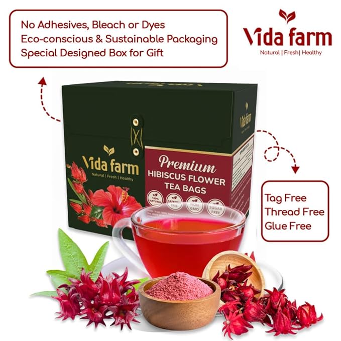 VIDA FARM 100 Hibiscus Tea Bags, 100% Natural Dried Hibiscus Flowers Tea Bags, No Sugar, No Caffeine, No Gluten