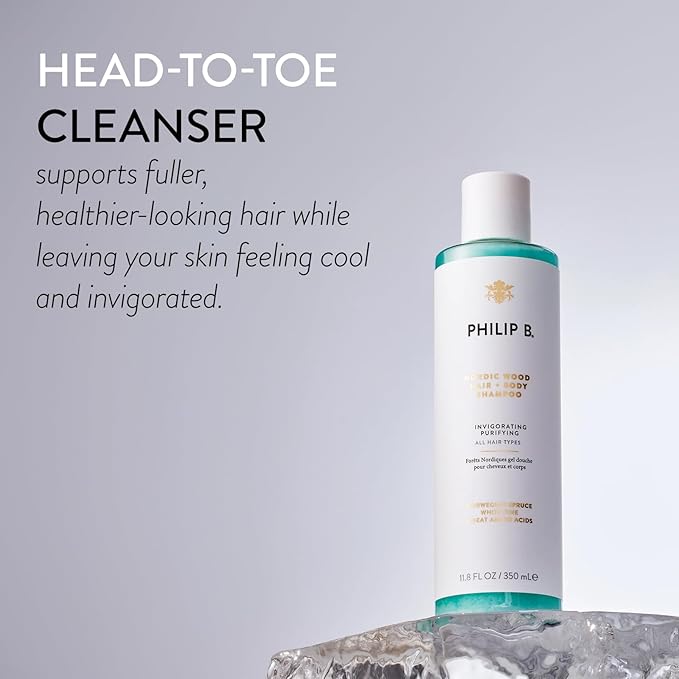 PHILIP B Nordic Wood Hair + Body Shampoo, 11.8 fl. oz. (350 ml) - Lathers Up Luxuriously, Conditions While Leaving You Feeling Cool& Invigorated, With Notes of Norwegian Spruce, White Pine and Camphor