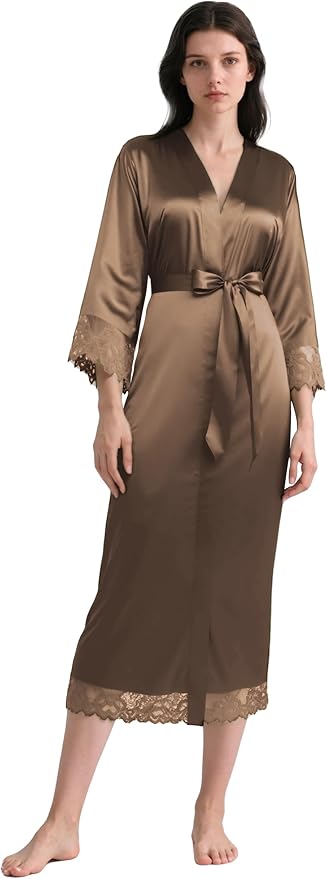 BABEYOND Satin Kimono Robe Silky Long Bridesmaid Wedding Lightweight Bath Robe with Lace Trim