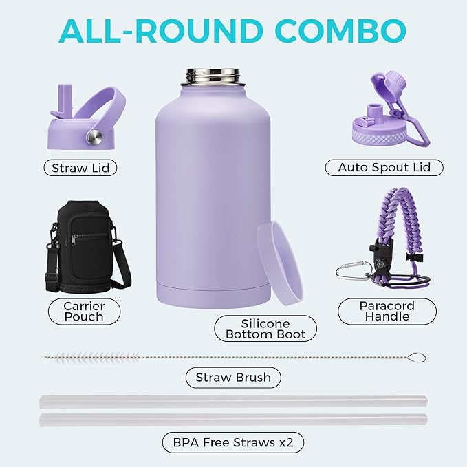 Half Gallon Water Bottle with Straw - Spout Lid, 64oz Insulated Water Jug Carrying Sleeve with Strap, Paracord Handle, Silicone Boot, Stainless Steel Metal Coldest Canteen for Women, Lilac Purple