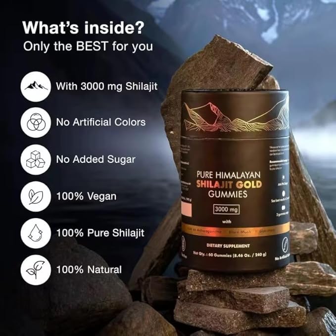 8-in-1 Herbal Supplement with Himalayan Shilajit, Ashwagandha, Rhodiola Rosea, Ginseng, 15250mg | Natural Dietary Supplement (60 Gummies, Shilajit Gummies)