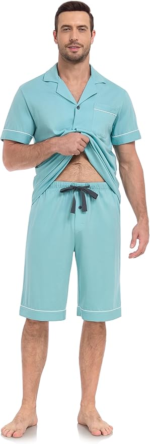 COLORFULLEAF Men's 100% Cotton Short Sleeve Pajama Sets Button Down Notched Collar Sleepwear Soft Lounge Pjs with Pockets
