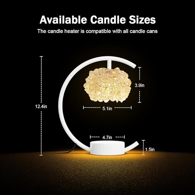 White Candle Warmer Lamp for Jar Candles with Adjustable Brightness&Timer,Handcrafted Crystal&Wooden Base,Candle Lamp Luxurious Design+2Bulbs,Home Decoration Electric Candle lamp(C-Shaped)
