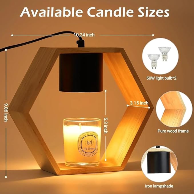 VIVU Candle Warmer Lamp with Timer & Dimmable Light – Wood Base & Iron Frame – Flameless Jar Wax Melter for Home, Office, Bedroom – VIVU Store