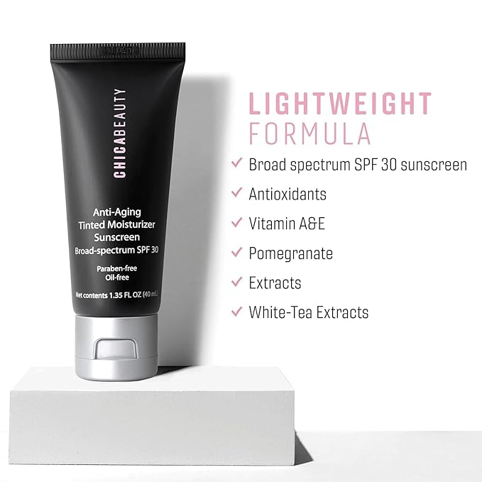 CHICA BEAUTY 3 in 1 Tinted Face Moisturizer with Anti-Aging Antioxidants, Vitamin A&E - SPF 30 Sunscreen with UVA/UVB Protection - Oil Free, Vegan, Cruelty & Paraben Free, For All Skin Types (Deep)