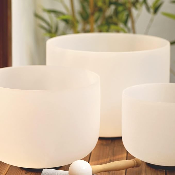 Hye-eun 3pcs 8"B 10"F 12"C Frosted Quartz Crystal Singing Bowl Set 432hz with Free Carry Bag Mallets & Rubber for Sound Healing Bath Keep Balance Therapy Meditation Yoga