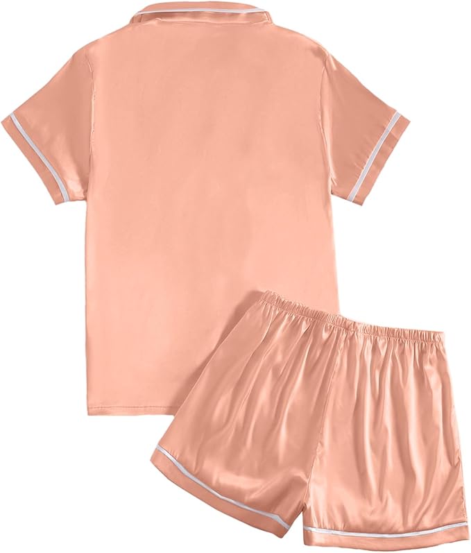 LYANER Women's Satin Silky Short Sleeve Button Shirt Sleepwear 2Piece Pajama Set