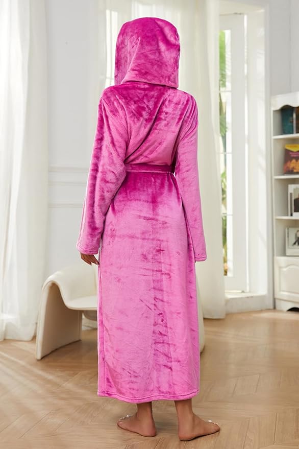 HEARTNICE Womens Long Hooded Robe, Soft Warm Fleece Bathrobes Full Length Plush House Coat