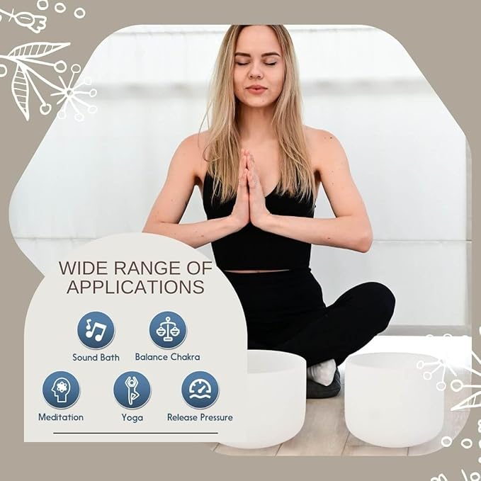 6-12inch White 432hz Quartz Crystal Singing Bowls Set of 7, for Healing Mindfulness Meditation Yoga Sound Baths with Case Mallet Suede Striker
