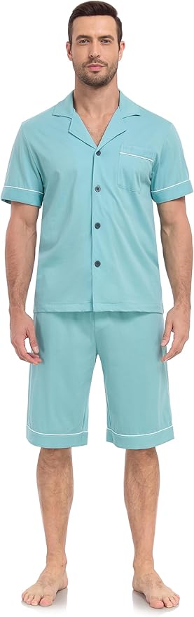COLORFULLEAF Men's 100% Cotton Short Sleeve Pajama Sets Button Down Notched Collar Sleepwear Soft Lounge Pjs with Pockets