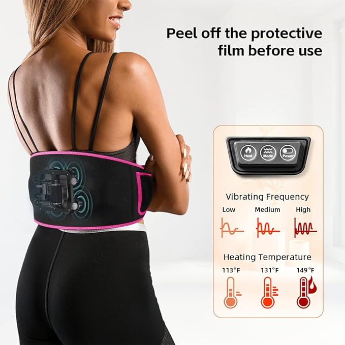SHINE WELL Back Massager Belt for Pain Relief, Red Light Therapy Massage Belt with 3 Heat Levels and Vibrating, Lower Back Massager FSA Eligible,Battery Powered