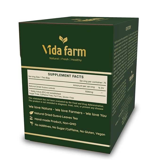 VIDA FARM 75 Premium Guava Leaf Tea Bags, Zero Sugar Tea, Handpicked, 100% Pure and Natural Guava Leaves, Non-GMO, No Caffeine, Gluten-Free, Vegan