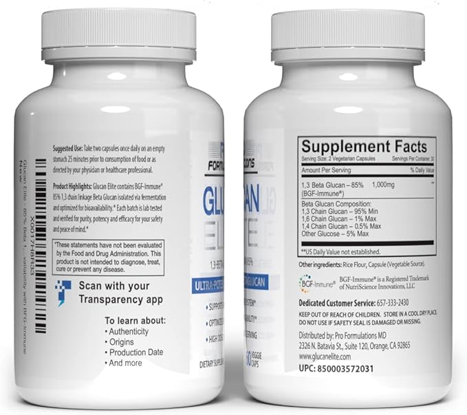Pro Formulations MD Glucan Elite - Beta 1-3D Glucan - 60 vcaps - Ultra-Potency Beta Glucan - Highest Bioavailability with BGF-Immune - Immune System Support