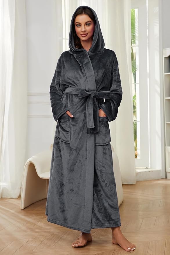 HEARTNICE Womens Long Hooded Robe, Soft Warm Fleece Bathrobes Full Length Plush House Coat