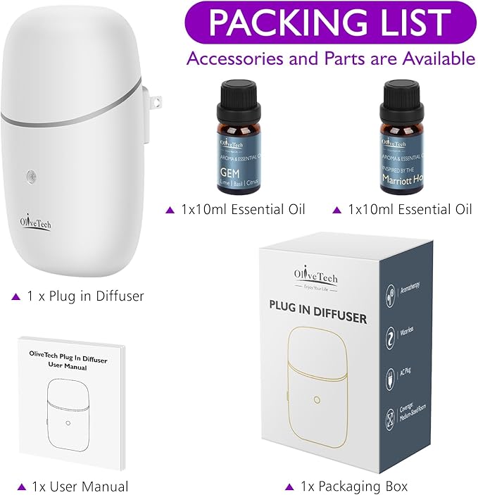 Plug in Waterless Diffuser, OliveTech Cold Air Scent Diffuser, Hotel Collection Aromatherapy Fragrance Diffuser for Home & Office, Includes 2x10ml Essential Oils