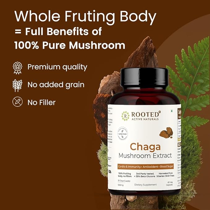 ROOTED Actives, Siberian Chaga Mushroom Extract, Certified Organic| 35% Beta Glucans - Lab Verified | Antioxidant & Vitality Support (60 Veg Caps)