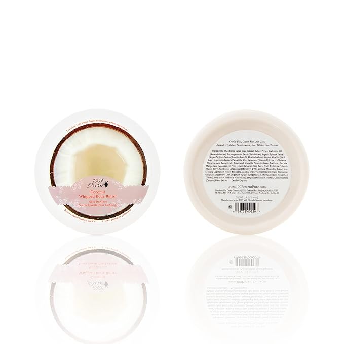 100% PURE Coconut Whipped Body Butter, Body Lotion for Dry Skin, Made with Shea Butter, Cocoa Butter, Moisturizing Body Cream, Natural Lotion - 3.4 oz