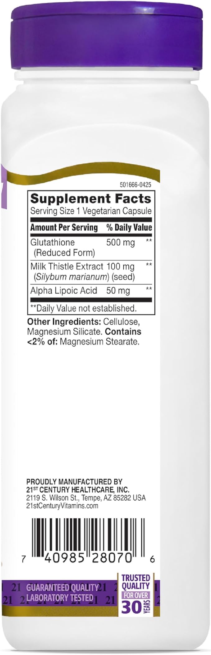 21st Century Glutathione 500 mg Plus Milk Thistle Extract & Alpha Lipoic Acid Capsules (120 Count), Reduced Form, Combats Harmful Radicals, Supports Cellular & Immune Health, Non-GMO, Gluten-Free