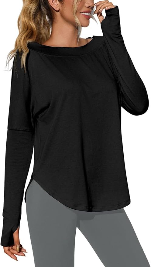 Tankaneo Womens Open Back Workout Shirts Casual Long Sleeve Boat Neck Tops Athletic Gym Yoga Tees with Thumb Holes